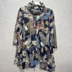 Jaipur Peacock Tunic Top M Semi Sheer‎ Unique Ruffle Collar Boho Artsy Statement
